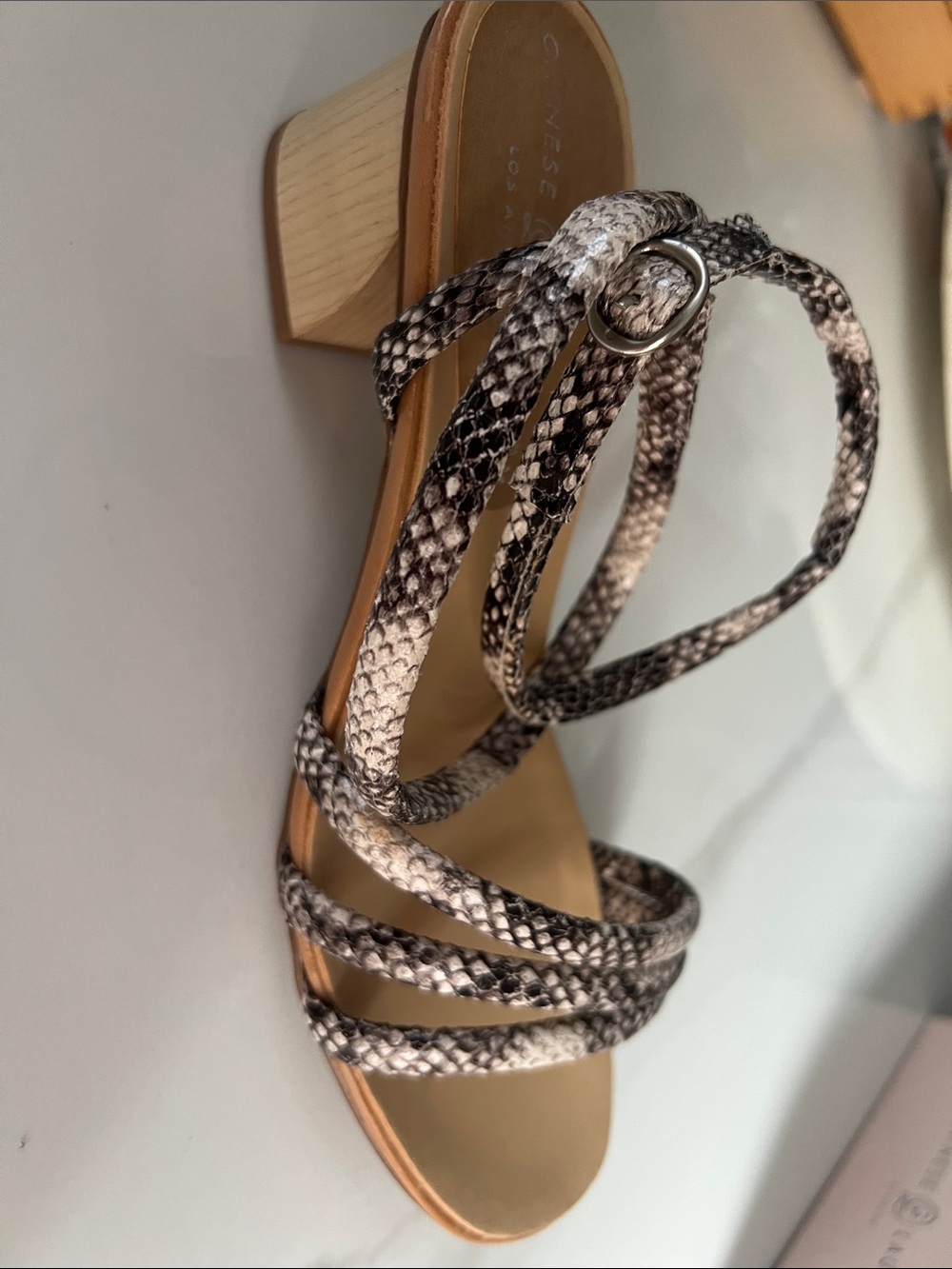 B#100-Strappy Snake-Print Block Heel Sandal - Black/White